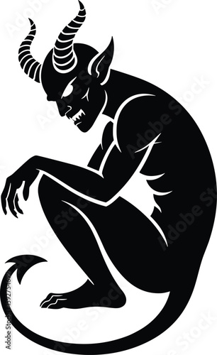 A black silhouette of a crouching devil with horns and a tail on a white background