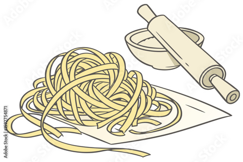 A generous pile of uncooked pasta spirals across a clean table, detailed in modern flat illustration style