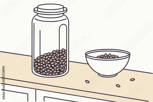 A mason jar brimming with dry quinoa grains sits on a counter, captured in modern flat illustration style