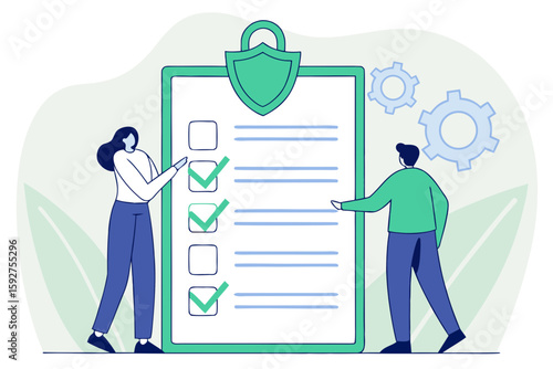 Legal compliance checklist graphic emphasizing risk mitigation, regulatory standards, and secure governance systems, modern flat illustration style