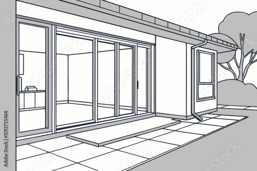 Minimalist home entrance with expansive glass sliding doors and ample copy space for real estate or lifestyle themes, modern flat illustration style