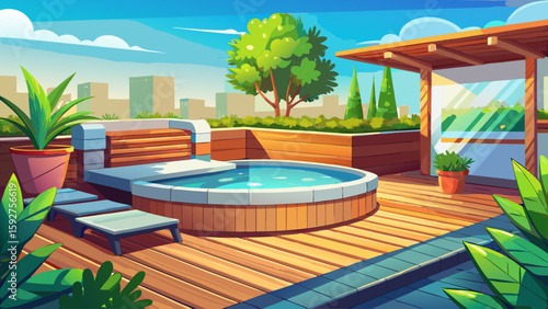 Modern outdoor hot tub on wooden deck with privacy screen and potted plants
