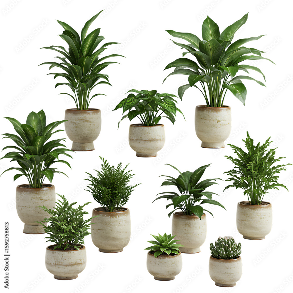 Fototapeta premium A diverse collection of potted houseplants, including ferns, succulents, and dieffenbachia isolated on transparent background transparent background