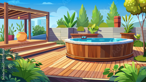 Modern outdoor hot tub on wooden deck with privacy screen and potted plants