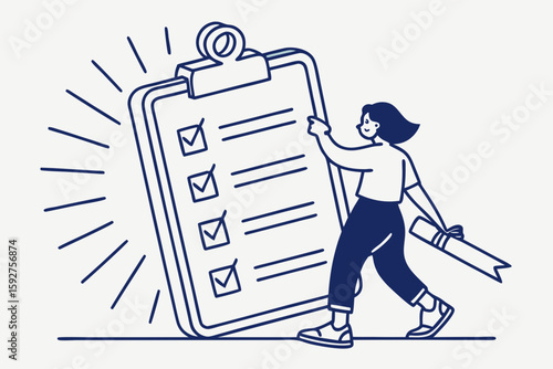 Digital compliance checklist glowing with light effects, symbolizing adherence to legal standards and corporate governance, modern flat illustration style