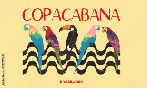 Amazing brasil. Copacabana beach art. Rio de janeiro. Summer vibes artwork. Toucan and macaw artwork. Rio typography. Palm tree artwork. Tropical paradise. Tropical vibes t shirt artwork.