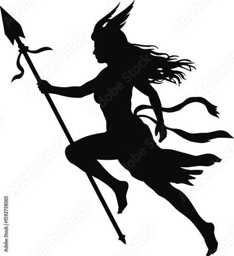 Running silhouette of a valkyrie carrying a spear depicting courage and warrior spirit