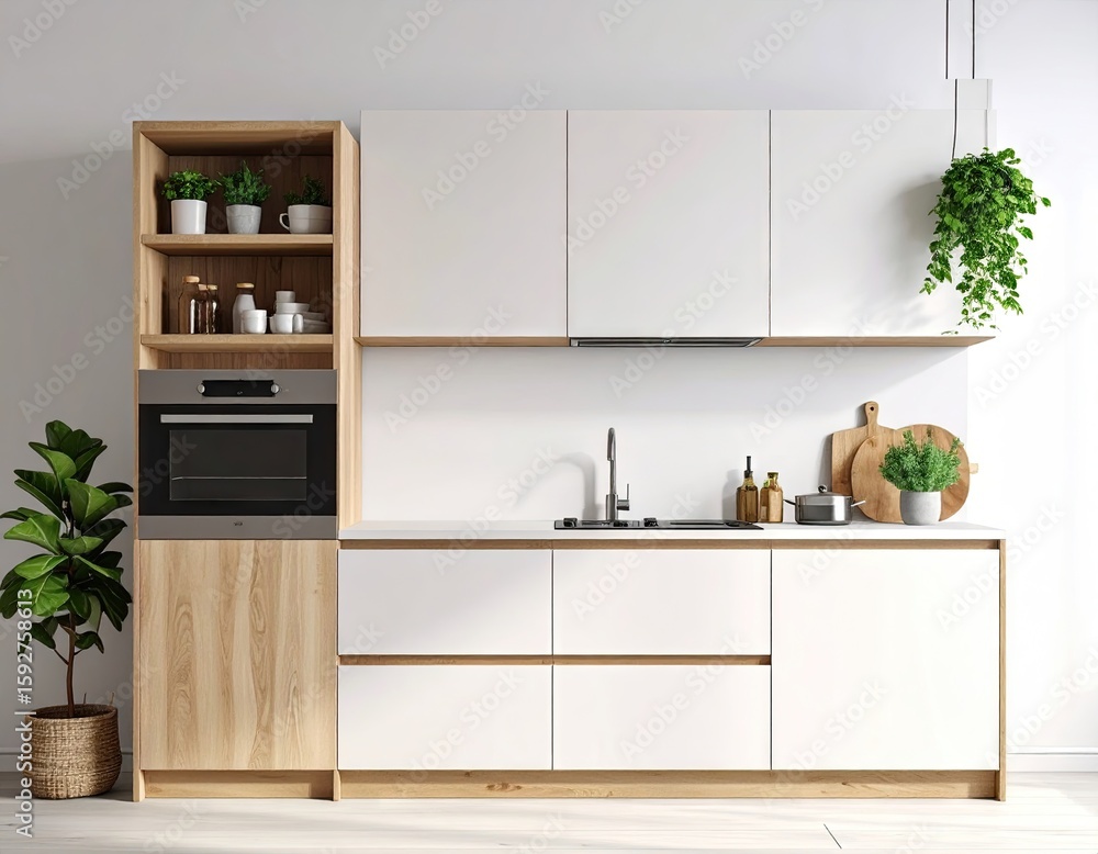 Fototapeta premium Modern light-filled kitchen with wood and white cabinetry