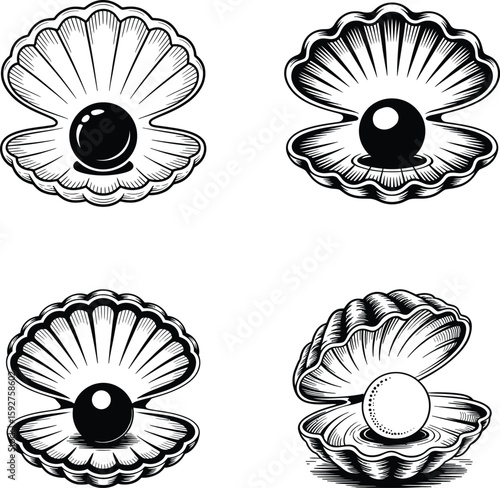 Vintage Black and White Icons of Oyster Shells with Pearls – Elegant Sea-Inspired Design