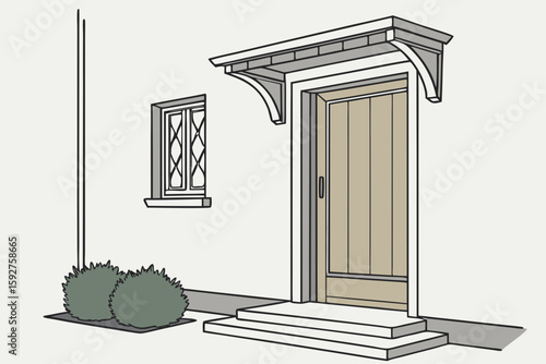 Minimalist house entrance with wooden door and crisp white wall offering a clean, inviting design aesthetic in modern flat illustration style.