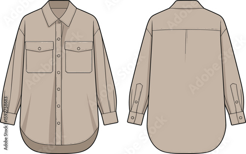 Beige long-sleeve shirt fashion sketch, button-up design, front pockets and back yoke, curved hemline, stylish garment, clothing template