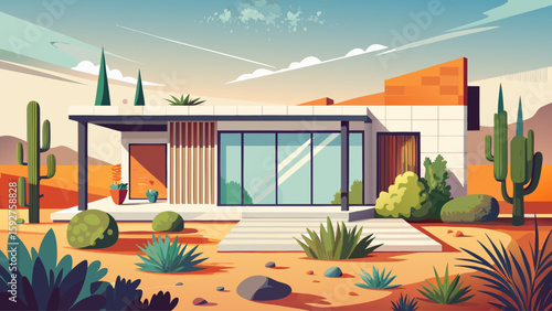 Minimalist home exterior with flat roof, wide glass windows, and desert landscaping