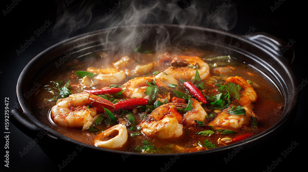 Spicy Shrimp Soup In Black Bowl Spicy Shrimp Soup In Black Bowl