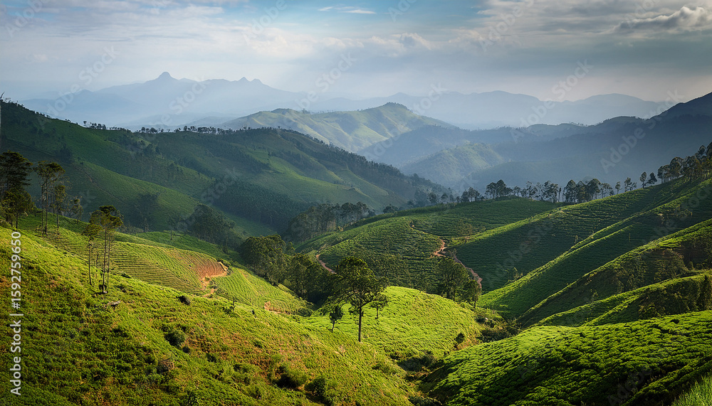 Fototapeta premium scenic landscape of mannavanur near kodaikanal featuring lush greenery and rolling hills
