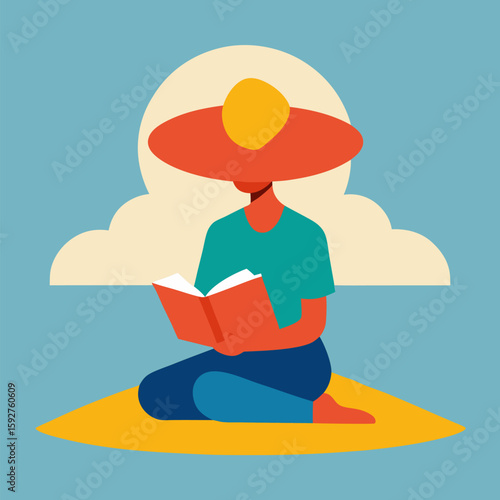 A person wearing a large-brimmed sunhat sits comfortably on a picnic blanket vector on landscape background.