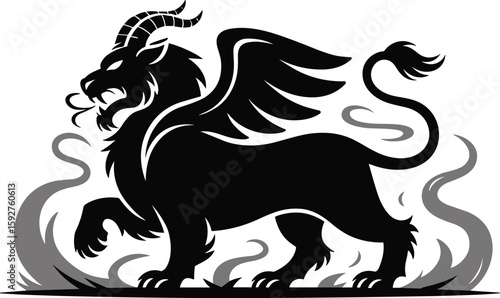 Powerful mythological creature with wings depicted in a striking black and white illustration