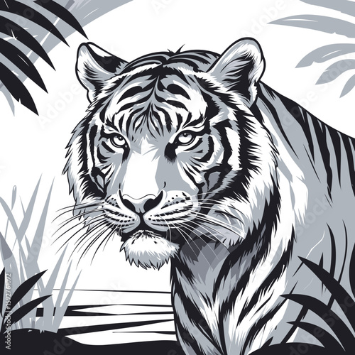 Tiger in jungle black and white illustration with bold lines