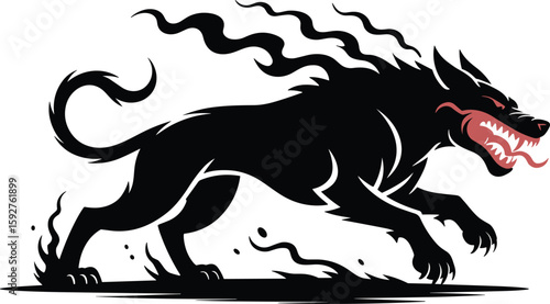 Fierce black silhouette of a running dog with flaming mane and open mouth on white background