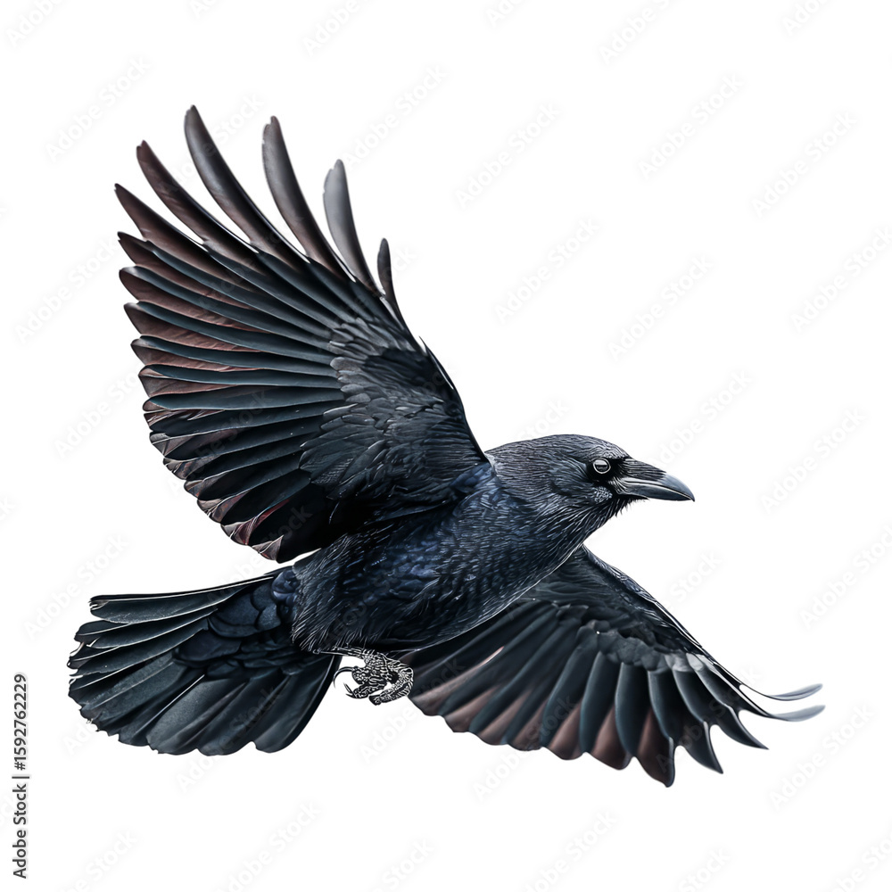 Obraz premium Black Bird in Flight with Wings Spread Against Transparent Background