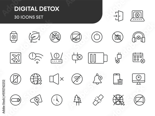 Digital detox line icon set vector. Unplug, no phone, no Wi-Fi, no internet, offline, turn off notifications, reading, and more. Editable outline icons pack black.