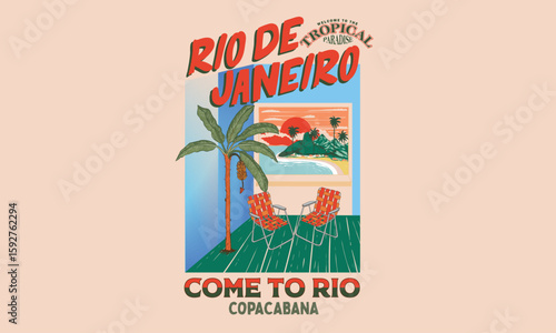 Come To Rio Relaxed T-Shirt. Rio resort artwork. Copacabana beach graphic print design. Rio de Janeiro watercolor painting. Copacabana beach art. Summer good vibes vector graphic design for poster.