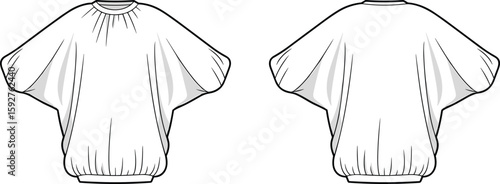 oose-fitting batwing sleeve top illustration, fashion design sketch, stylish women’s casual blouse, front and back garment views, trendy apparel