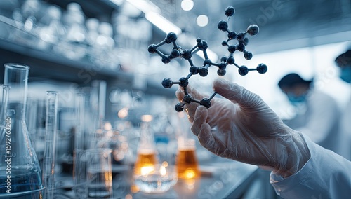 A scientist in a lab holds a molecular model