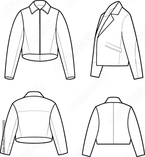 ropped jacket fashion sketch, stylish outerwear illustration, front and back garment views, tailored collar detail, clothing design, trendy apparel