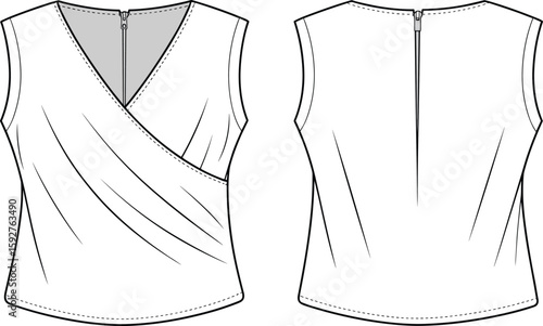 Sleeveless blouse fashion illustration, draped front detail, zipper back design, stylish garment sketch, clothing pattern, apparel template, sewing concept