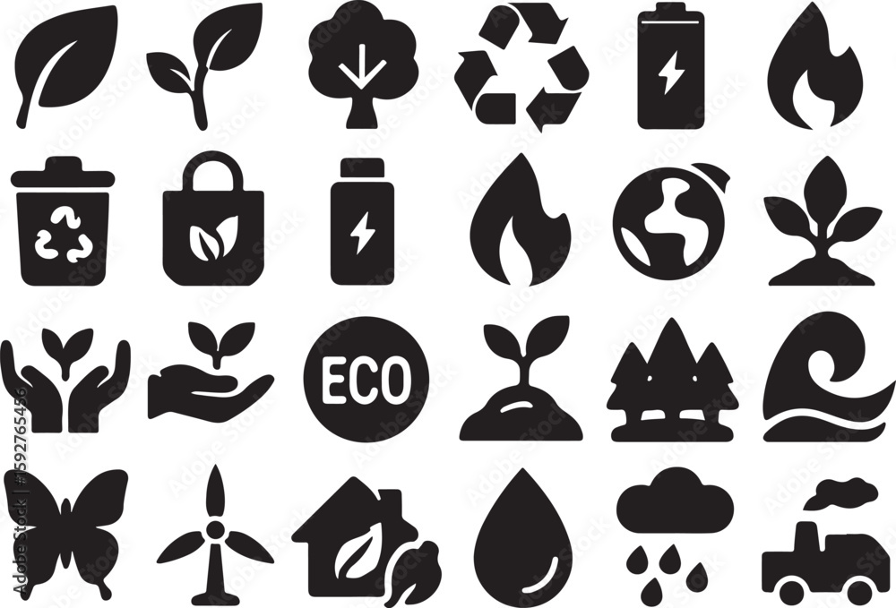 Obraz premium Black environmental icons on white background leaf sprout