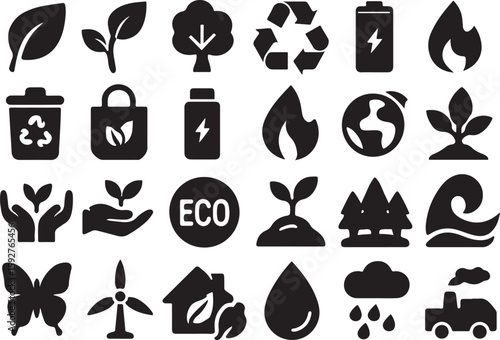 Black environmental icons on white background leaf sprout