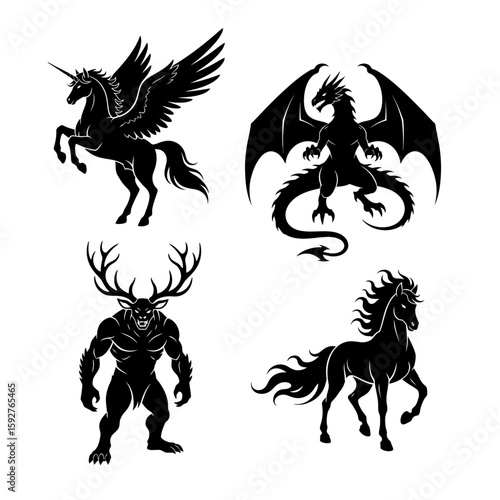 Black silhouettes of mythical creatures including unicorn dragon and centaur