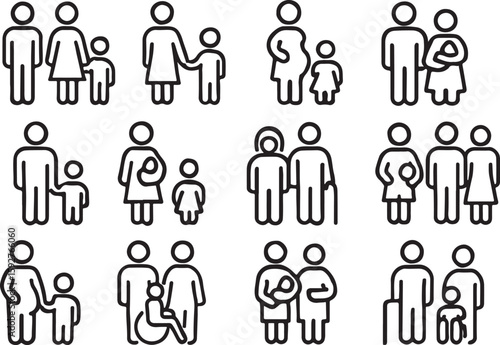 Diverse family unit representations simple outline art people icons