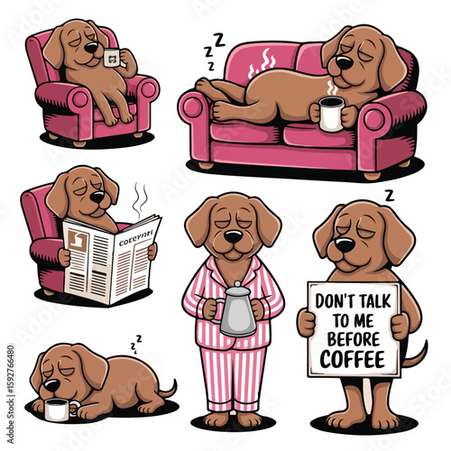 Collection of cartoon dogs enjoying coffee and relaxing in various poses