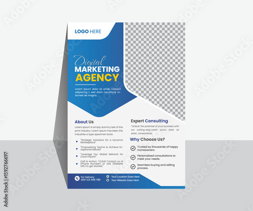 Modern Digital Marketing Agency Flyer Template – Professional Business Promotion, Creative Blue and White Corporate Brochure, Editable Vector Design