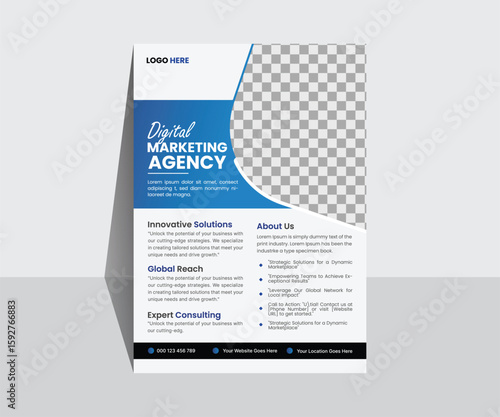 Modern Digital Marketing Agency Flyer Template – Professional Business Promotion, Creative Blue and White Corporate Brochure, Editable Vector Layou