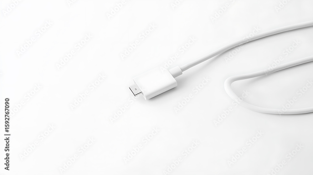 Fototapeta premium White USB Connector: A sleek and modern cable on a pristine white surface, perfect for data transfer and charging, reflecting minimalist design and functionality.