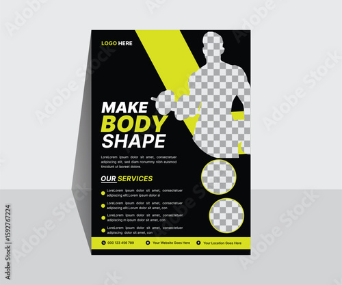 Modern Fitness Gym Flyer Template – Bodybuilding and Workout Promotion, Professional Black and Yellow Gym Brochure, Editable Vector Design