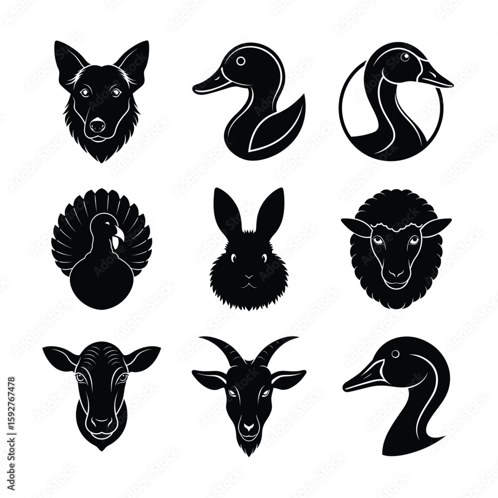 Fototapeta premium Black and White Farm Animal Silhouettes Dog Ducks Turkey Rabbit Sheep Goat and Calf