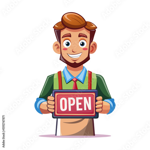 Male shopkeeper holding open sign