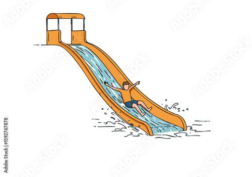 A boy enjoys a splashy slide at a water park. Bright orange slide, clear water, and a smiling child create a fun, energetic image perfect for summer themes.