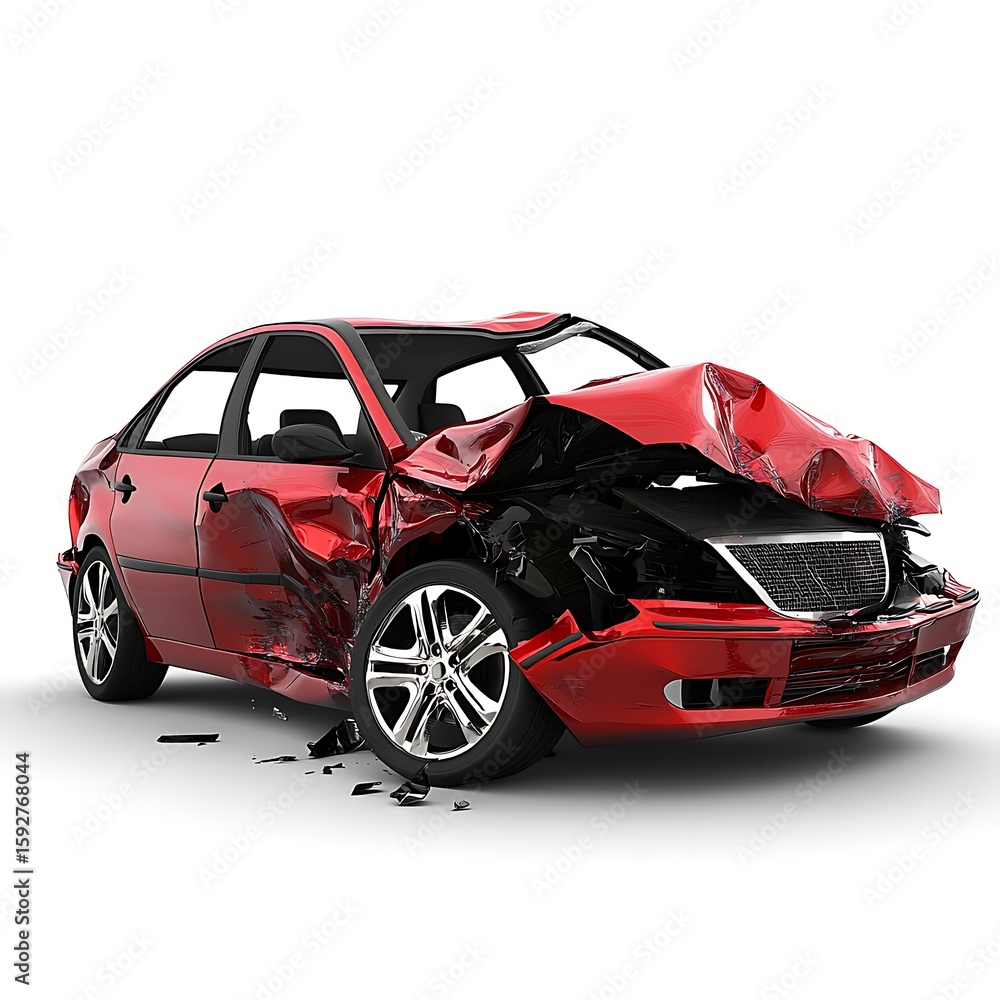 Naklejka premium Red Car with Severe Damage in Car Accident Isolated on White