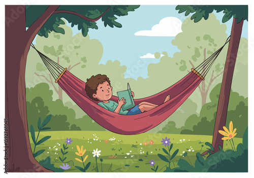 A young boy relaxes in a hammock, reading a book outdoors. A peaceful, idyllic scene with lush greenery and a bright sky. Perfect for lifestyle and nature imagery.