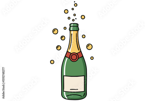 Celebrate milestones with this festive illustration! A champagne bottle bursts with bubbles, conveying joy and success. Perfect for promotions and celebratory designs.