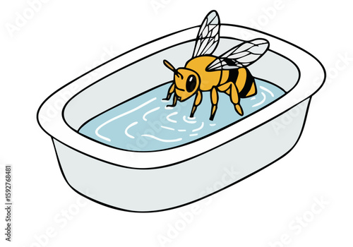 A cheerful bee relaxes in a miniature bathtub, surrounded by a flower.  A simple, cute illustration with a cool oasis vibe. Perfect for branding and design.