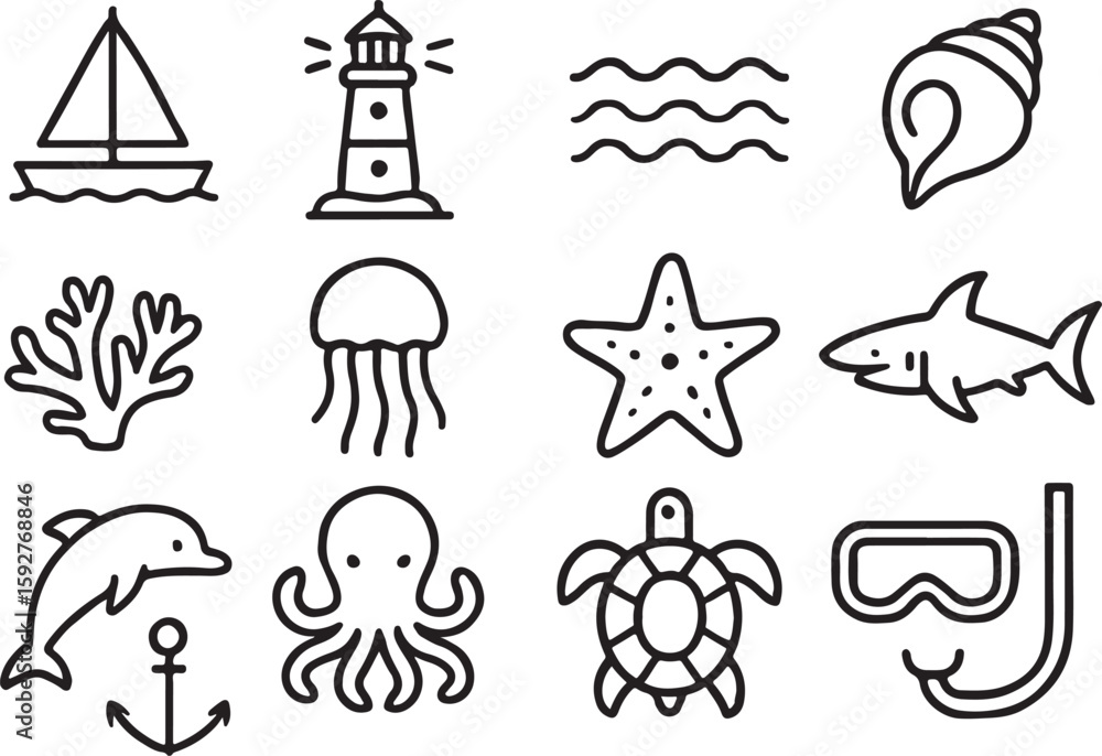 Fototapeta premium Nautical marine life and objects line art collection sailboat lighthouse