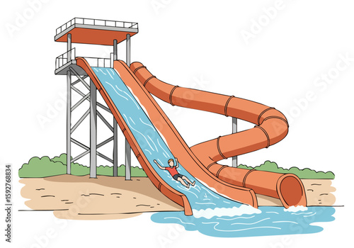 child joyfully slides down a vibrant water slide at a water park The image showcases a playful scene with clear composition and bright colors ideal for summer and leisure themes
