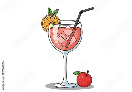 Festive non-alcoholic drink with orange slice and apple garnish. Stylish illustration with sparkling accents. Perfect for summer, parties, or promotional materials.