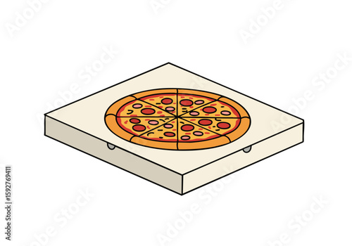 Isometric pizza box with a slice, showcasing a Pizza Drive-Thru Feast. Bold, graphic design with a vibrant color palette. Perfect for food marketing and advertising.