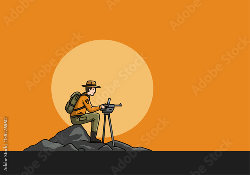 A lone river guard diligently watches from a rocky outcrop, armed with a machine gun. Dramatic lighting and a vintage style create a compelling visual.